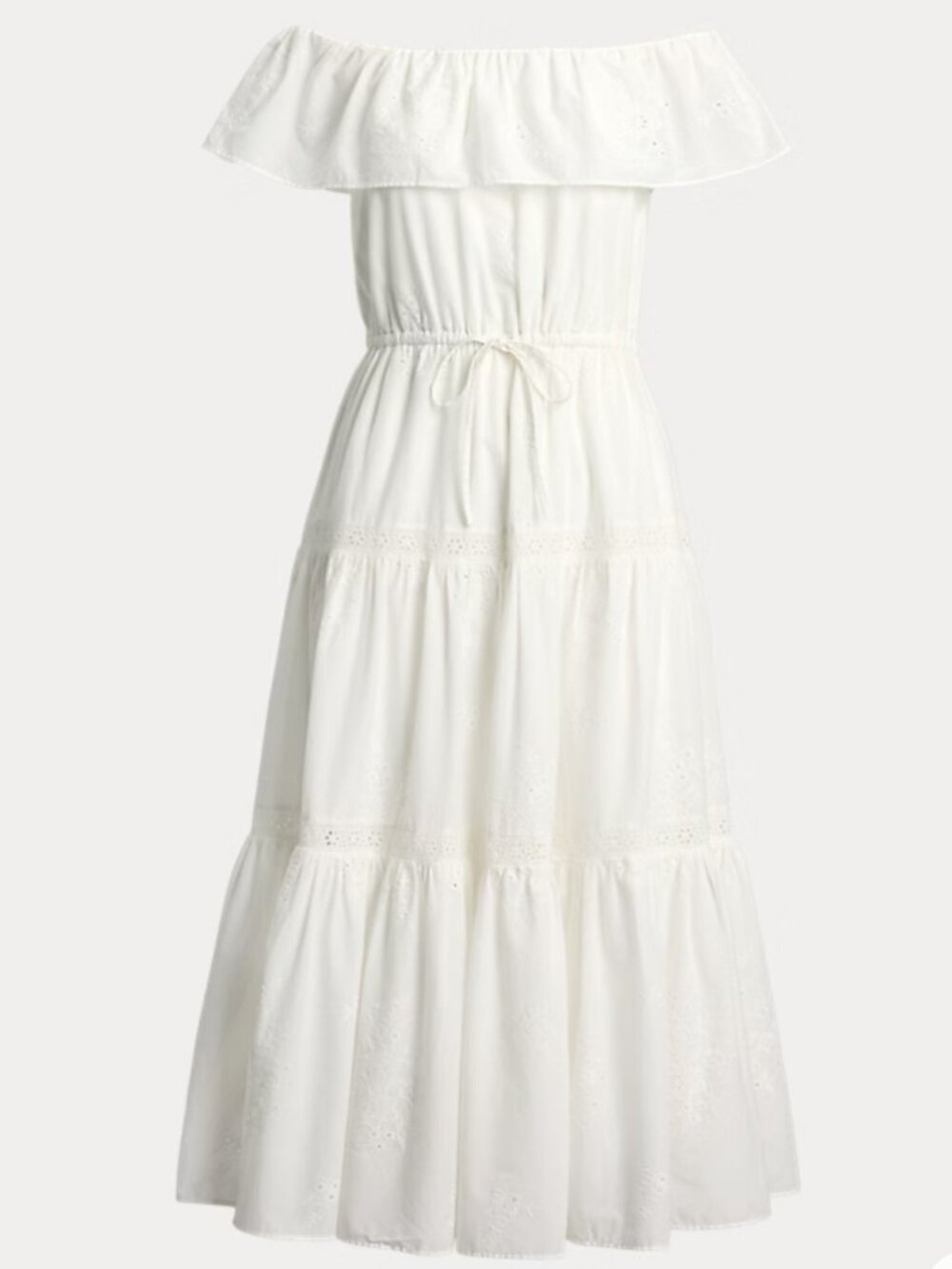 Lauren Ralph Lauren Cotton Off-the-Shoulder Tiered Midi Dress - White Size 6. - Picture 1 of 8